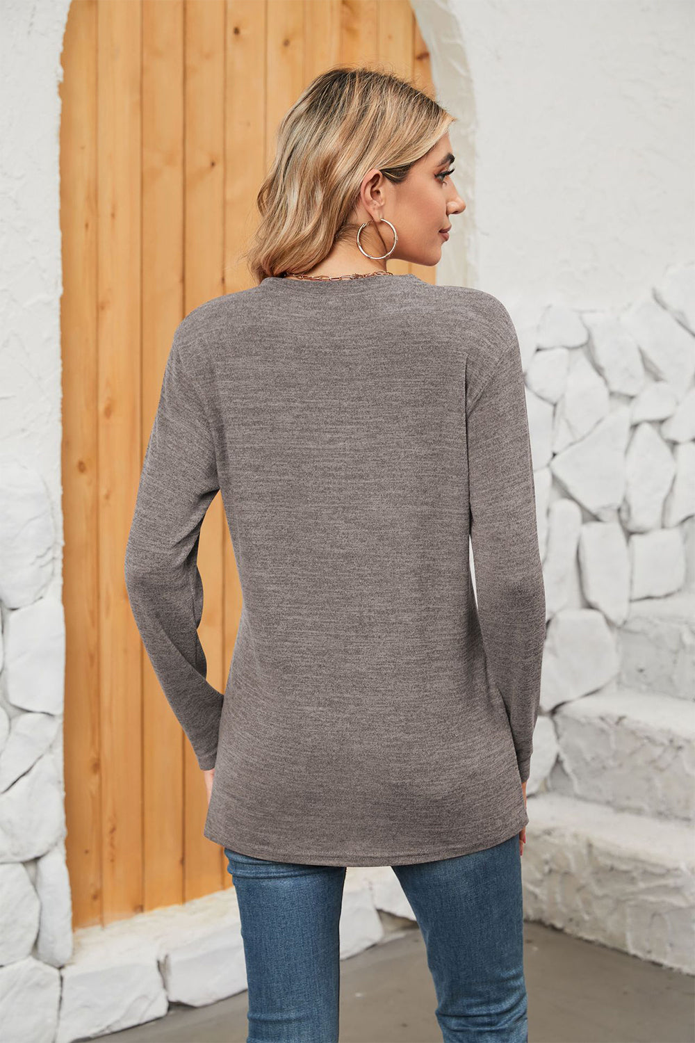 Notched Neck Long Sleeve T-Shirt-Angel Casuals