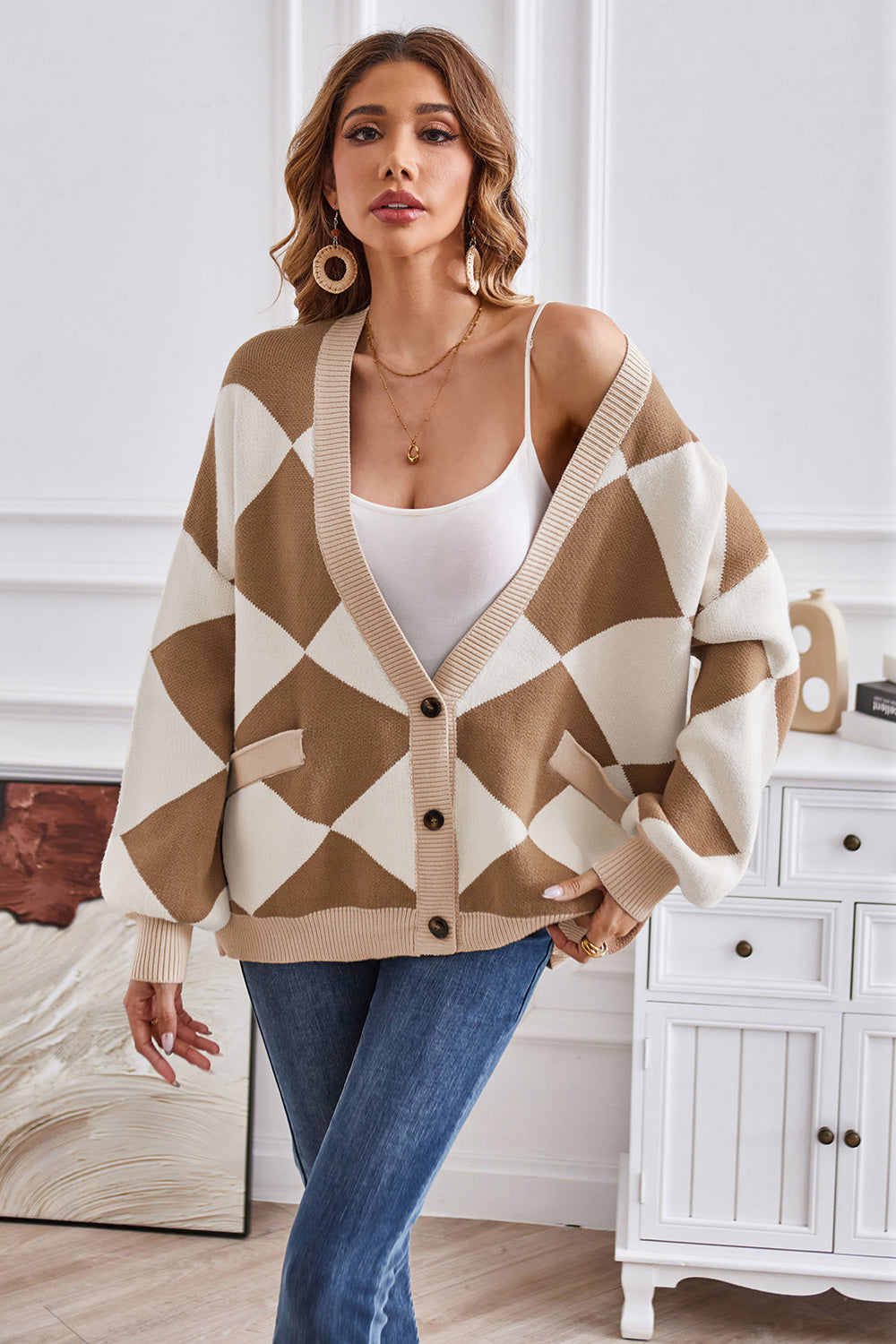 Geometric Lantern Sleeve Cardigan with Pockets-Angel Casuals
