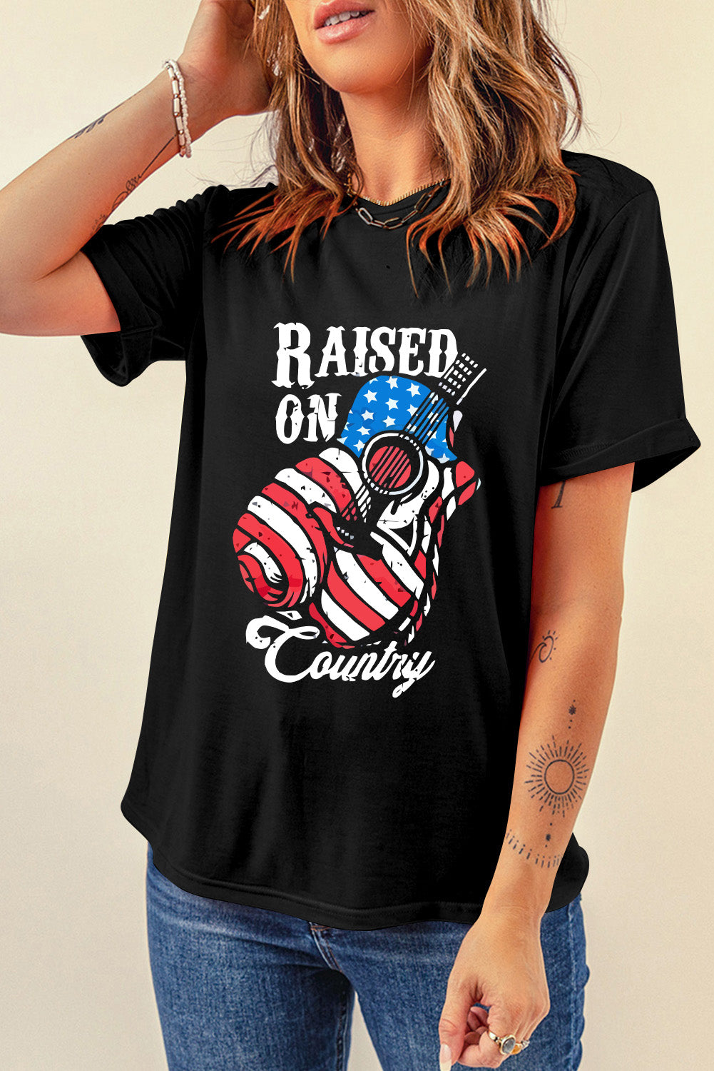 RAISED ON COUNTRY Round Neck T-Shirt-Angel Casuals