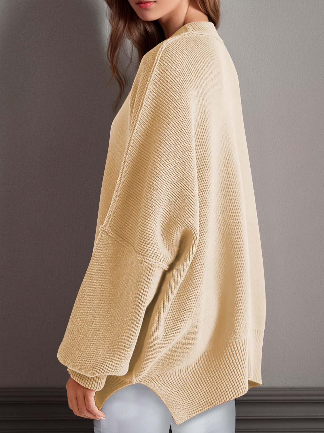 Double Take Side Slit Round Neck Long Sleeve Sweater-Angel Casuals