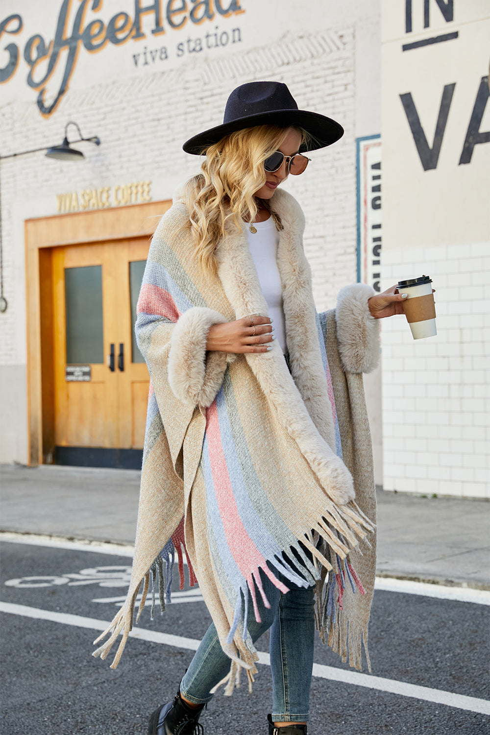 Color Block Fringe Detail Poncho-Angel Casuals