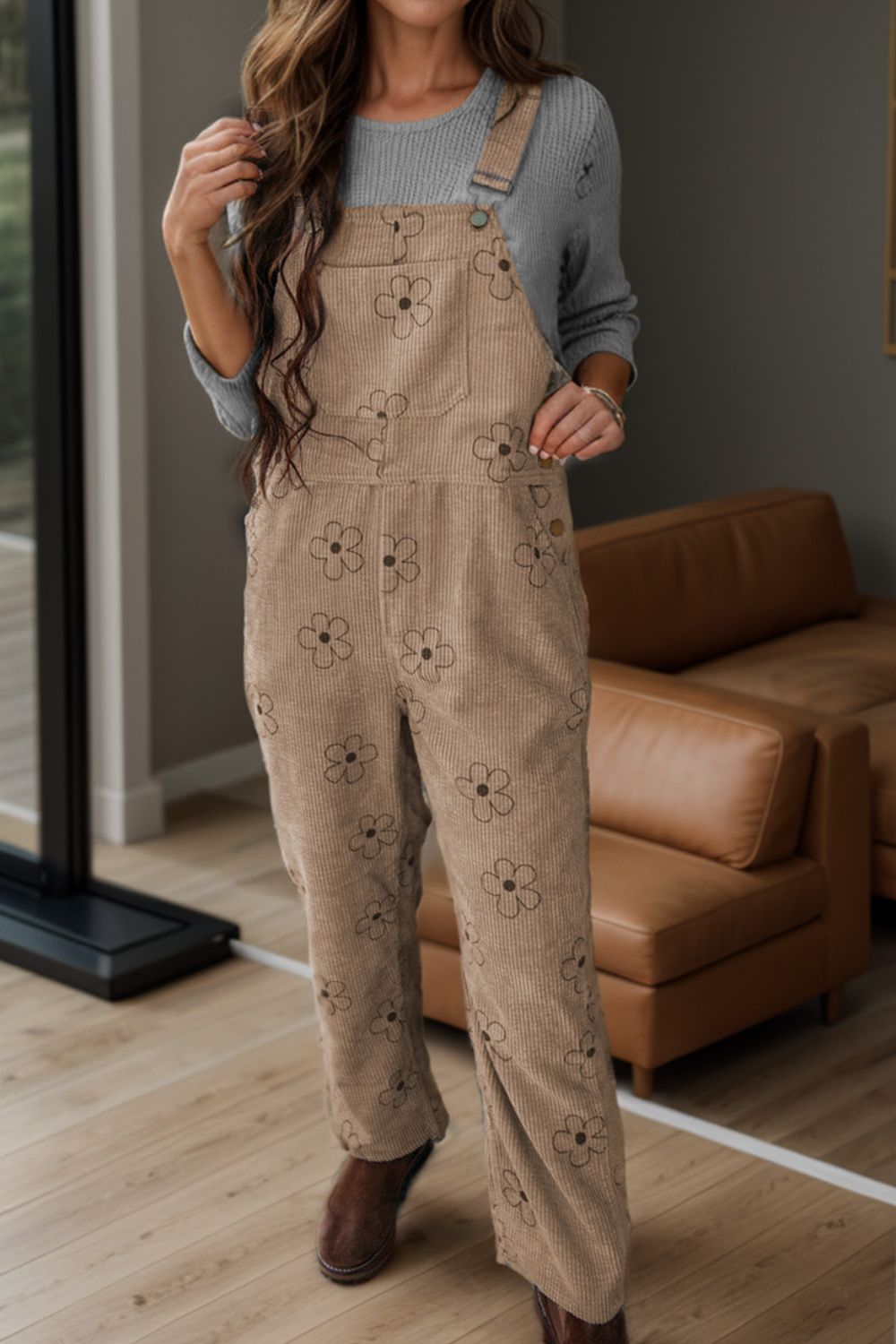 Flower Wide Strap Overalls with Pockets-Angel Casuals