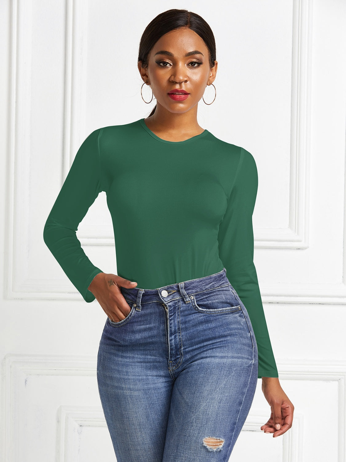 Round Neck Long Sleeve Bodysuit-Angel Casuals