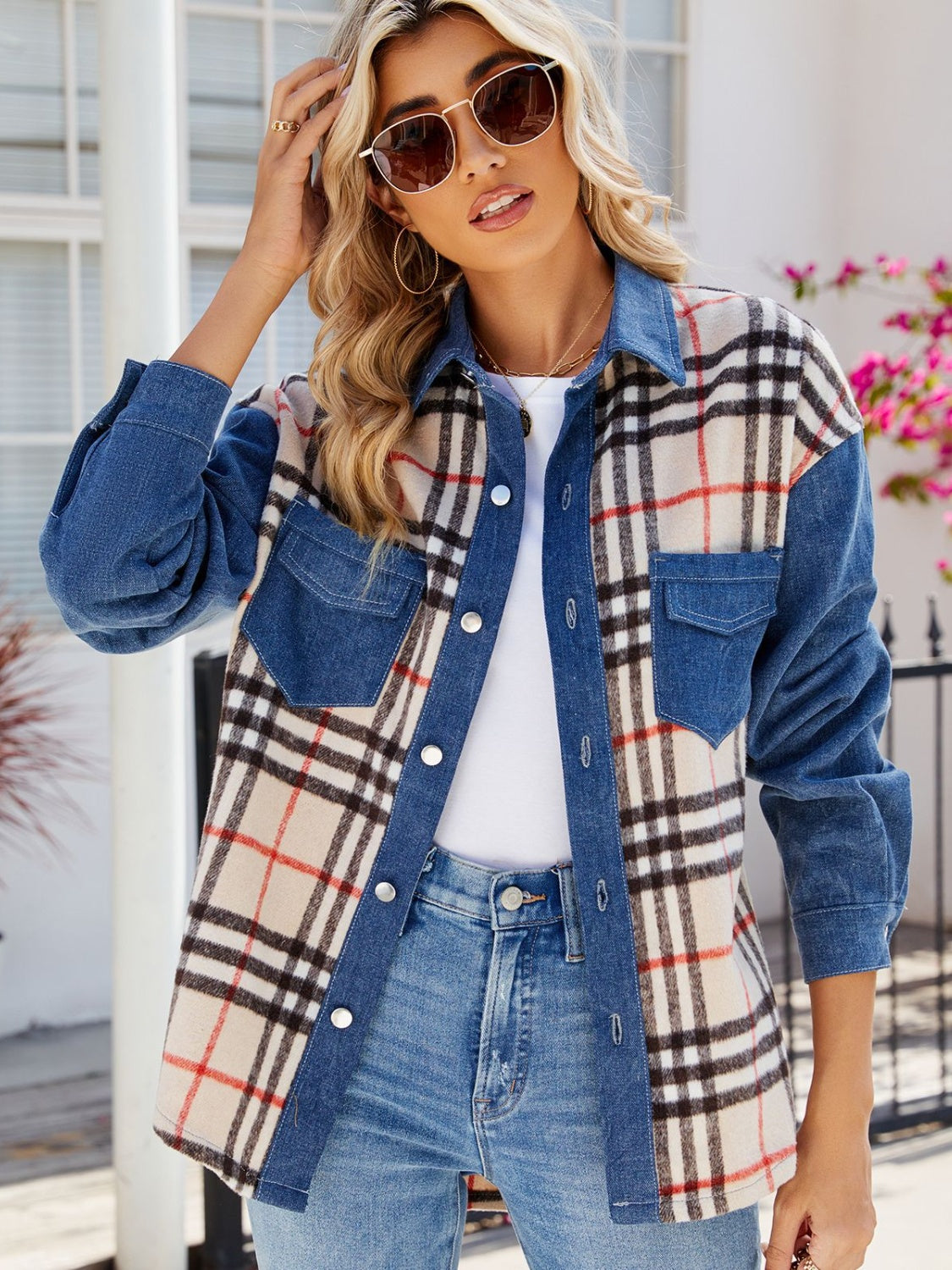 Plaid Long Sleeve Denim Jacket-Angel Casuals