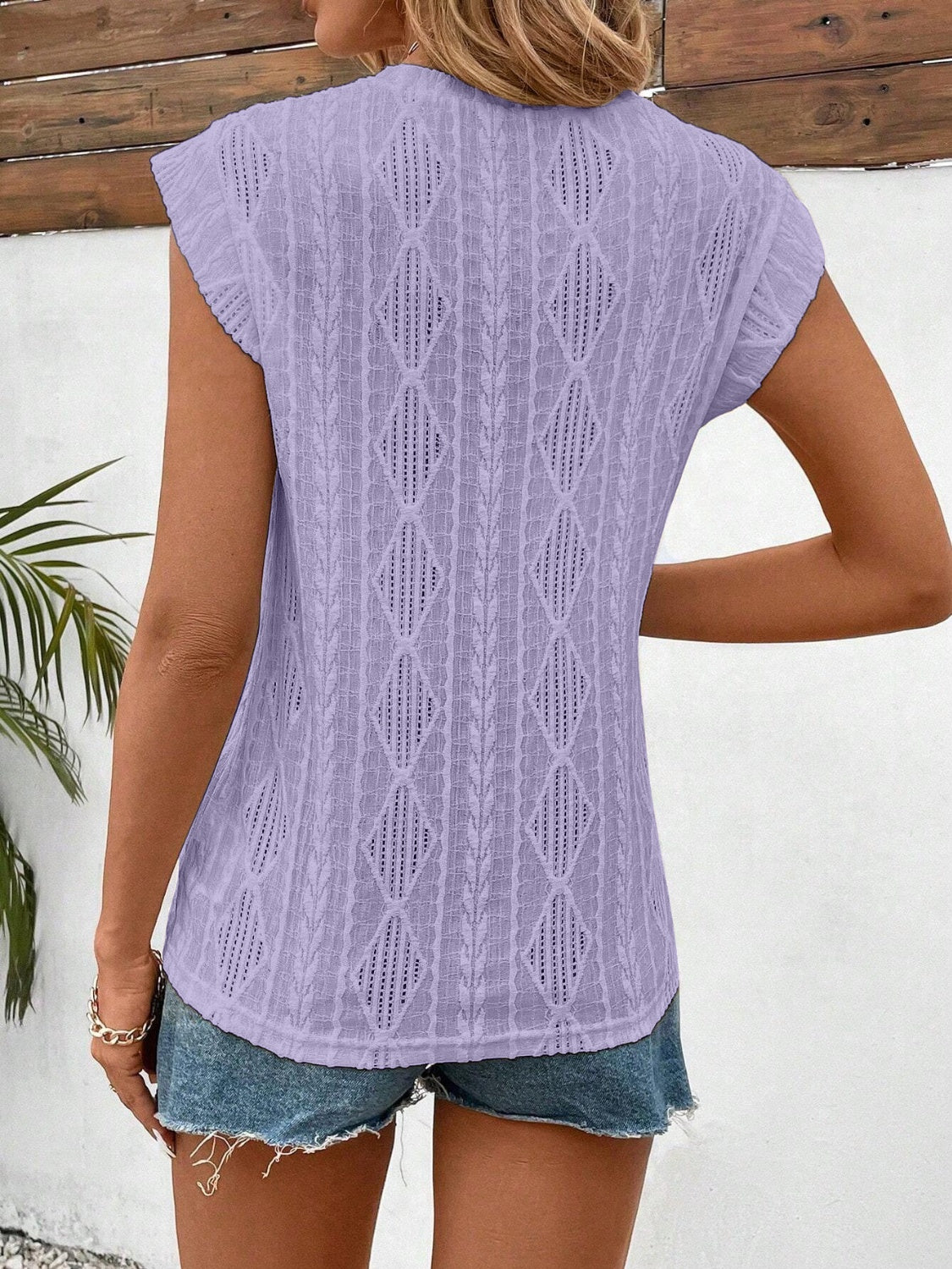 Openwork Round Neck Cap Sleeve Top-Angel Casuals