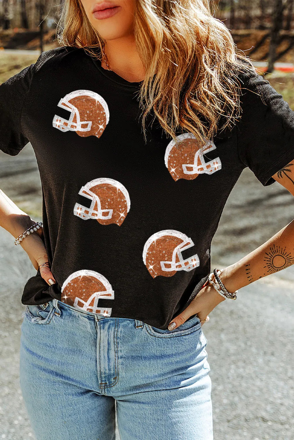 Sequin Round Neck Short Sleeve T-Shirt-Angel Casuals