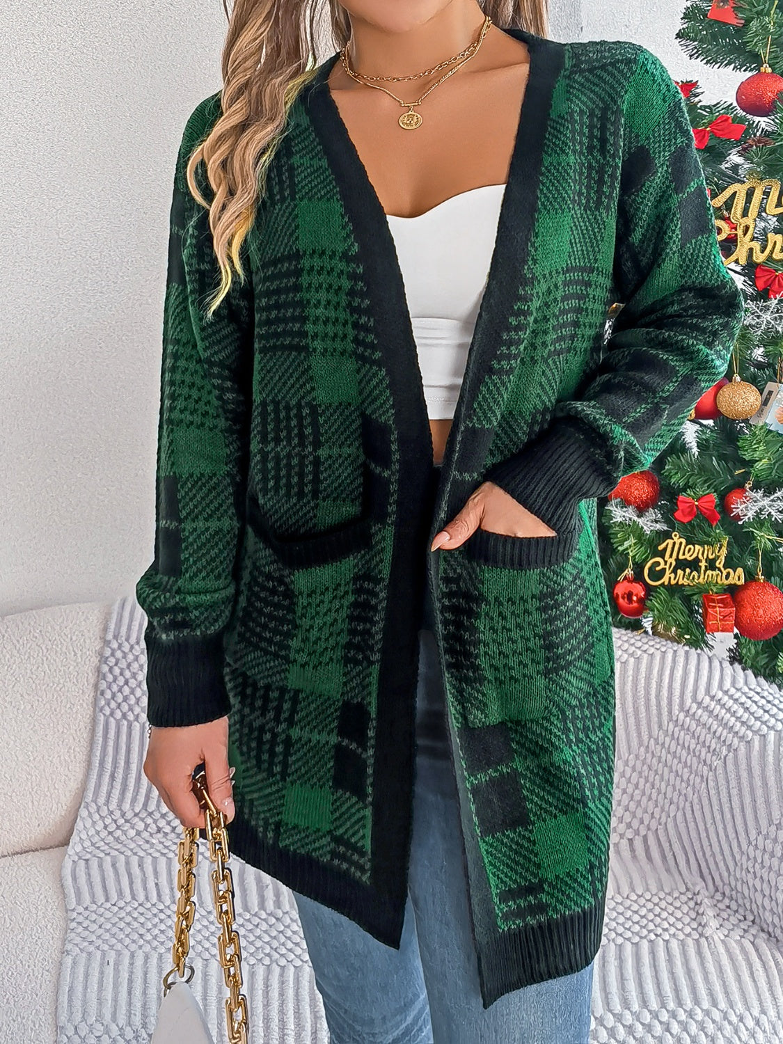 Plaid Open Front Long Sleeve Cardigan-Angel Casuals