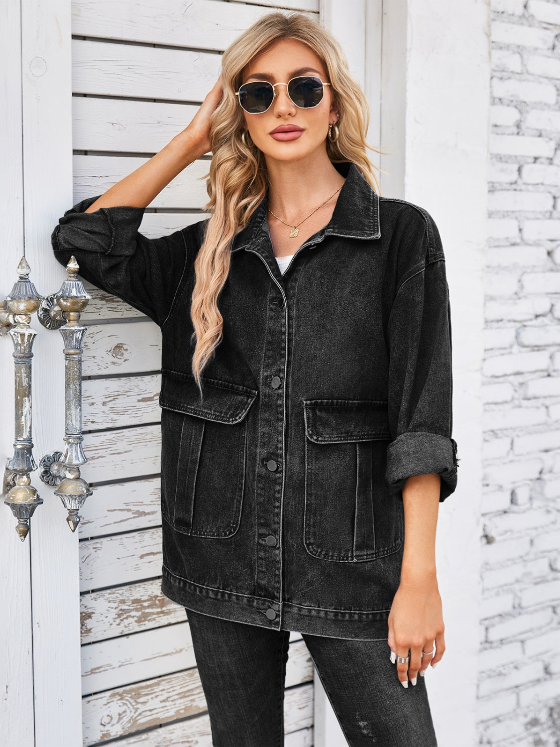 Button Up Long Sleeve Denim Jacket-Angel Casuals