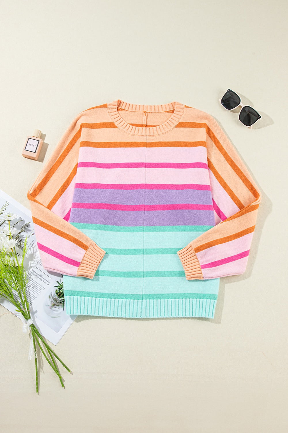 Contrast Striped Round Neck Long Sleeve Knit Top-Angel Casuals