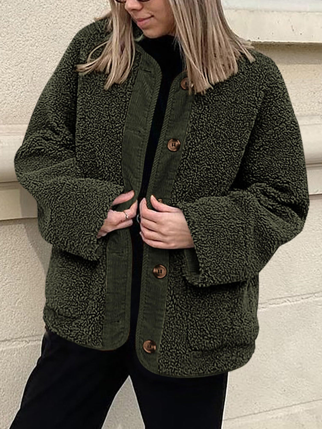 Contrast Button Up Sherpa Jacket with Pockets-Angel Casuals