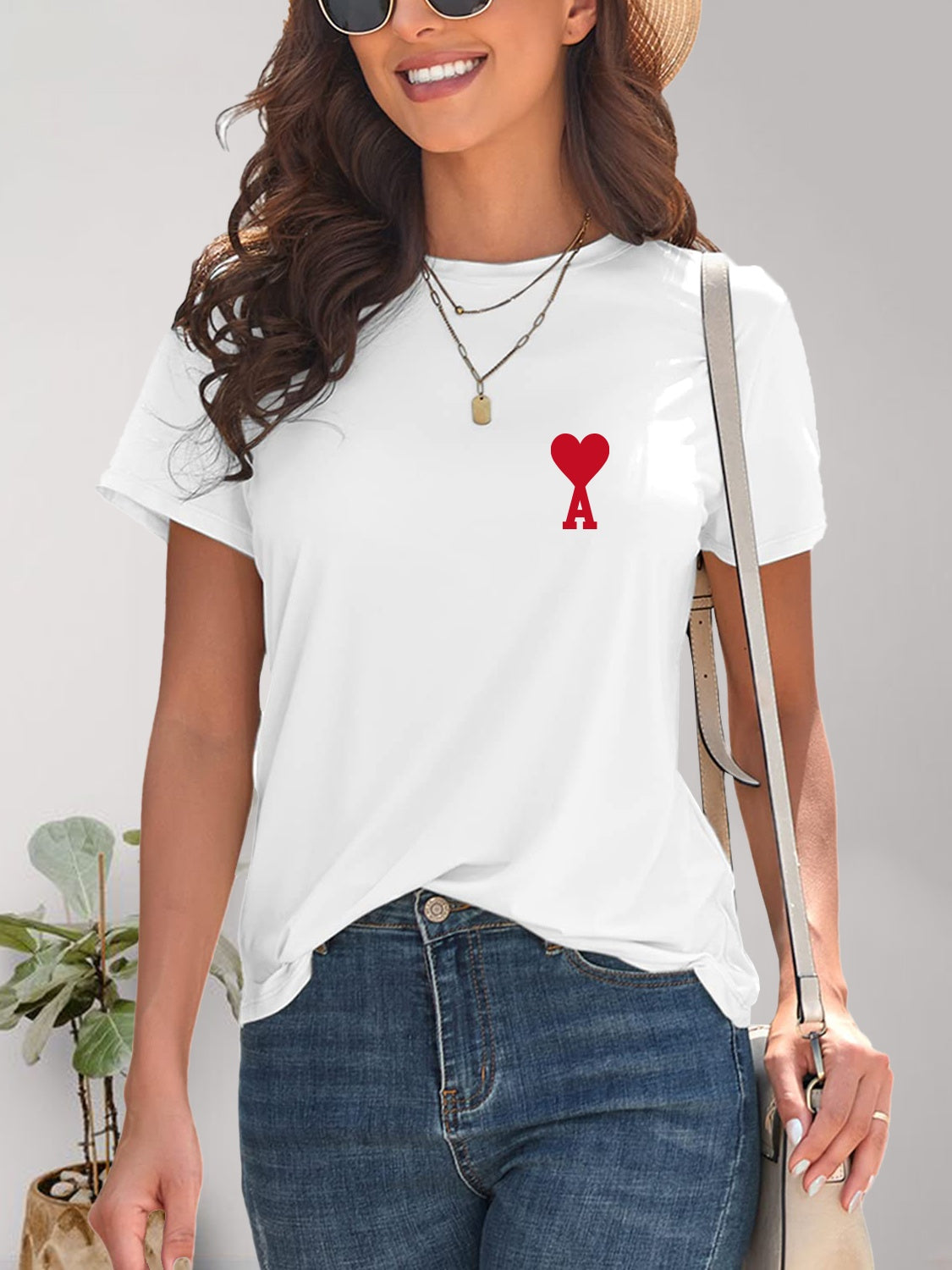 Heart Round Neck Short Sleeve T-Shirt-Angel Casuals
