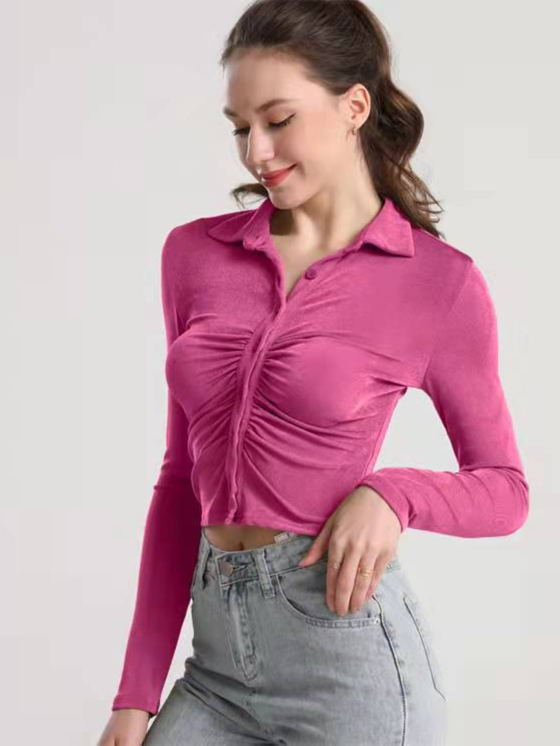 Ruched Button Up Long Sleeve T-Shirt-Angel Casuals