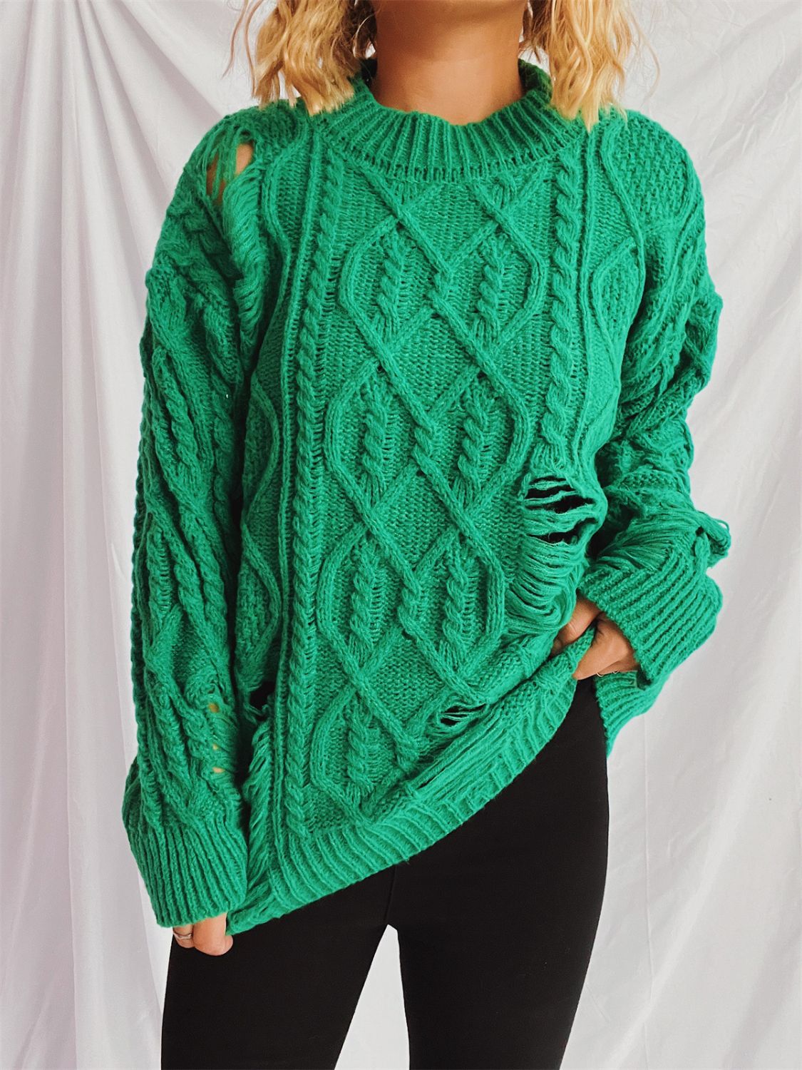 Distressed Cable-Knit Round Neck Long Sleeve Sweater-Angel Casuals