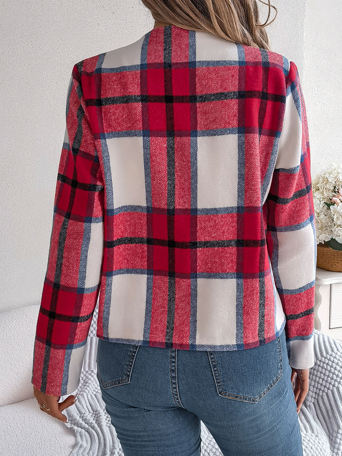 Plaid Open Front Long Sleeve Jacket-Angel Casuals