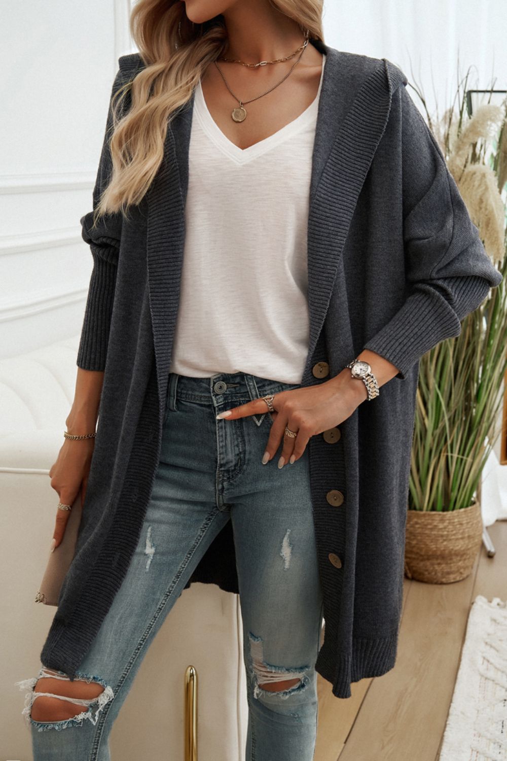 Devine Button Up Long Sleeve Hooded Cardigan-Angel Casuals