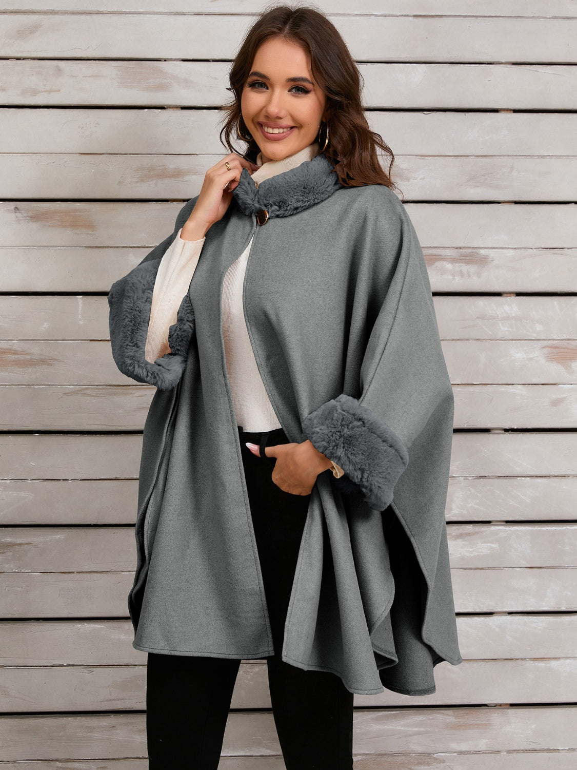 Fuzzy Trim Long Sleeve Poncho-Angel Casuals