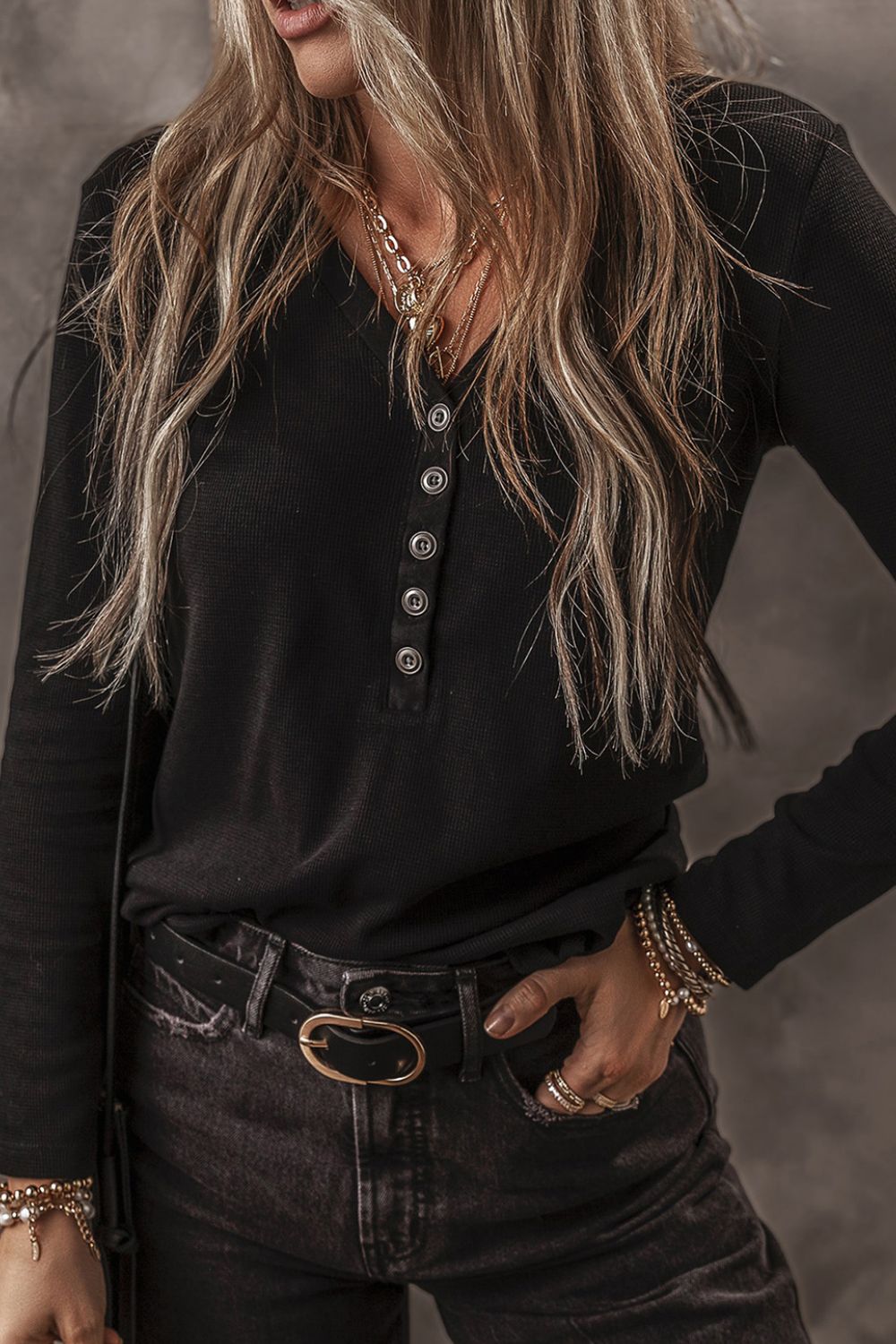 V-Neck Half Button long Sleeve T-Shirt-Angel Casuals