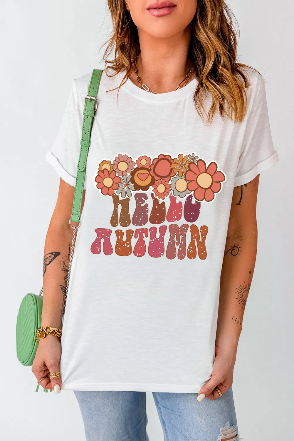 Flower & Letter Graphic Round Neck Short Sleeve T-Shirt-Angel Casuals