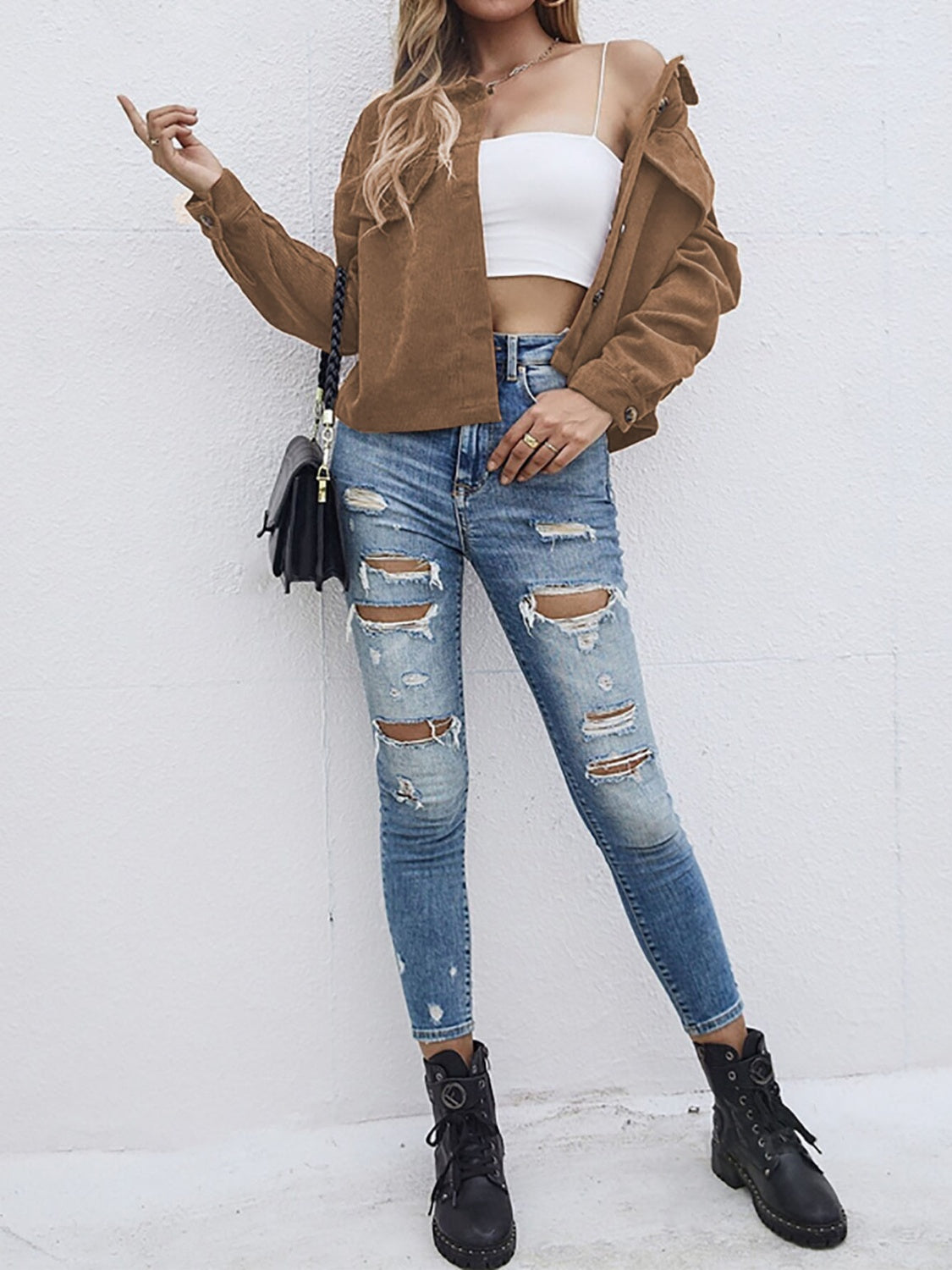 Button Up Dropped Shoulder Long Sleeve Jacket-Angel Casuals