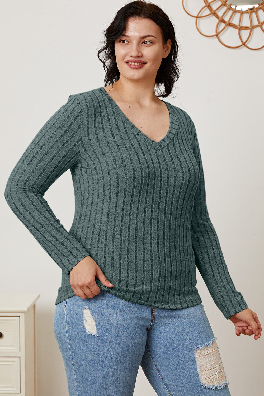 Basic Bae Full Size Ribbed V-Neck Long Sleeve T-Shirt-Angel Casuals