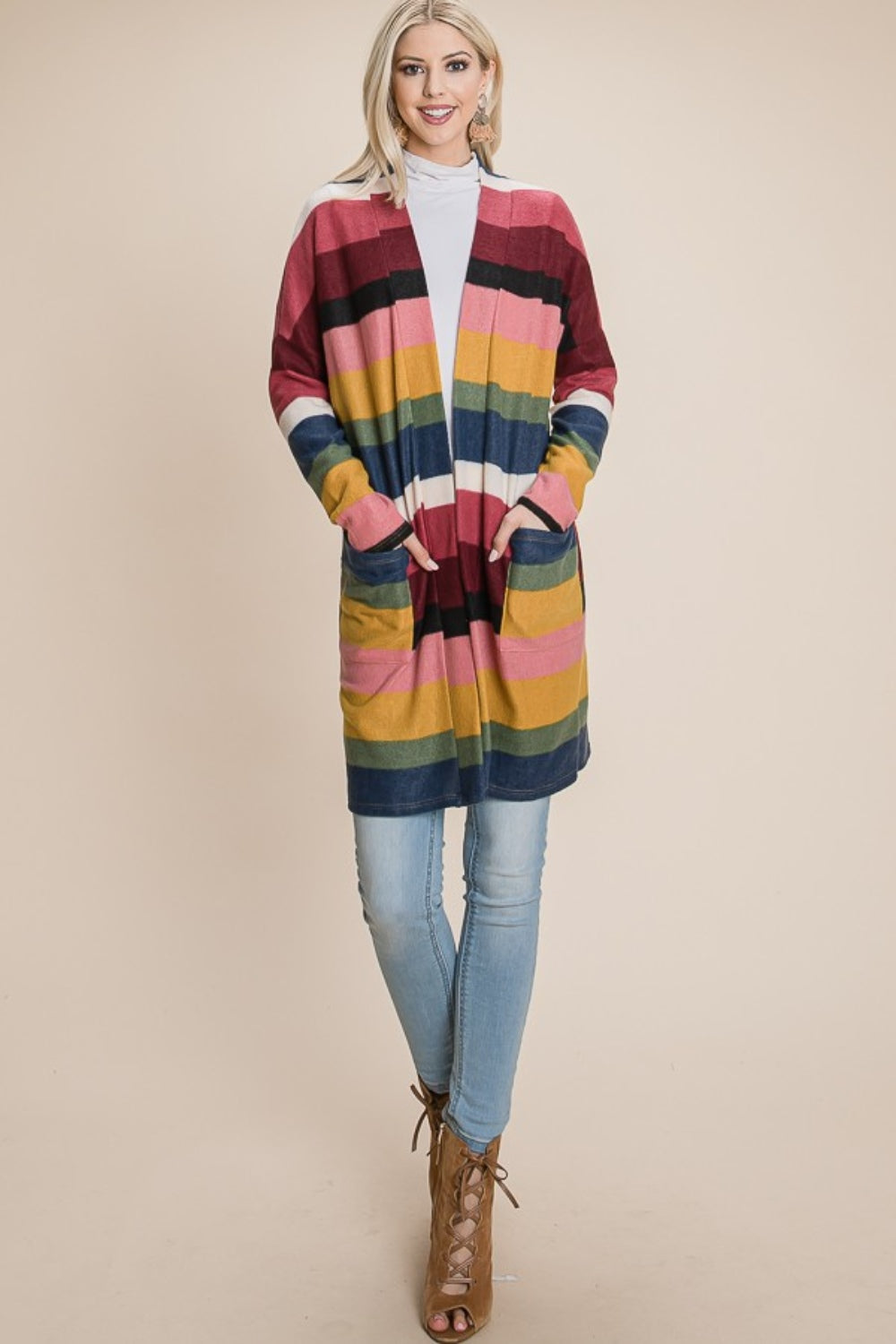 BOMBOM Color Block Striped Open Front Cardigan-Angel Casuals