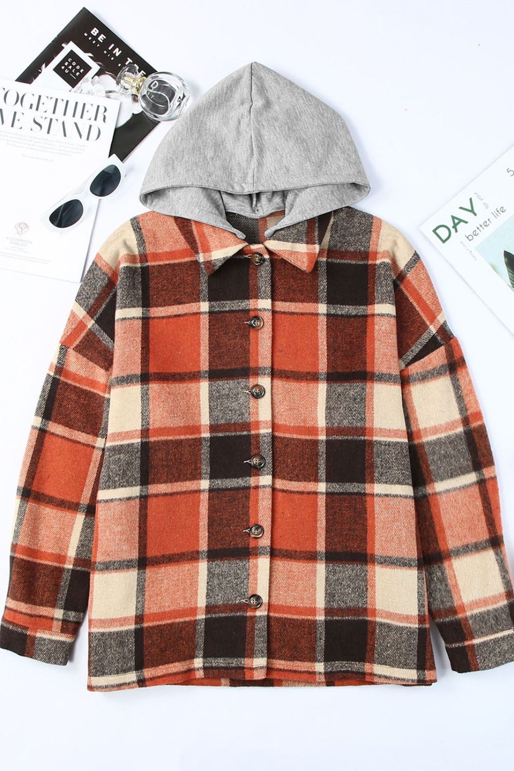 Plaid Button Up Hooded Shacket-Angel Casuals