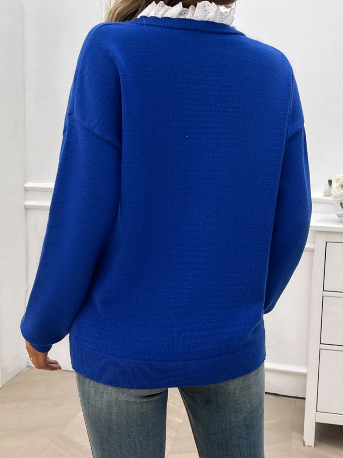Devine Lace Detail Notched Long Sleeve Sweater-Angel Casuals