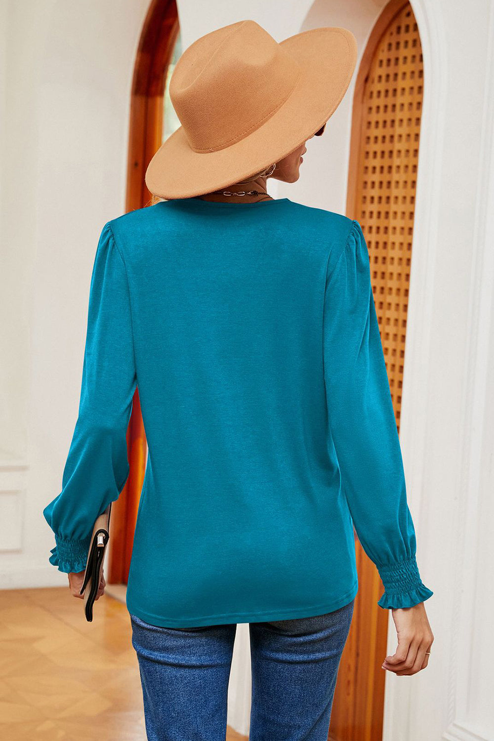 Lace Detail V-Neck Lantern Sleeve T-Shirt-Angel Casuals
