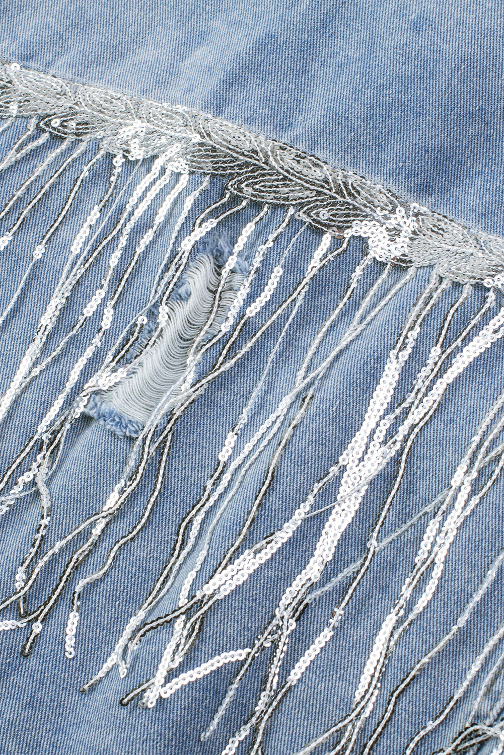 Sequin Fringe Trim Distressed Button Up Denim Jacket-Angel Casuals