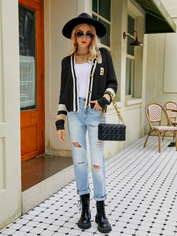 Contrast Button Up Dropped Shoulder Cardigan-Angel Casuals
