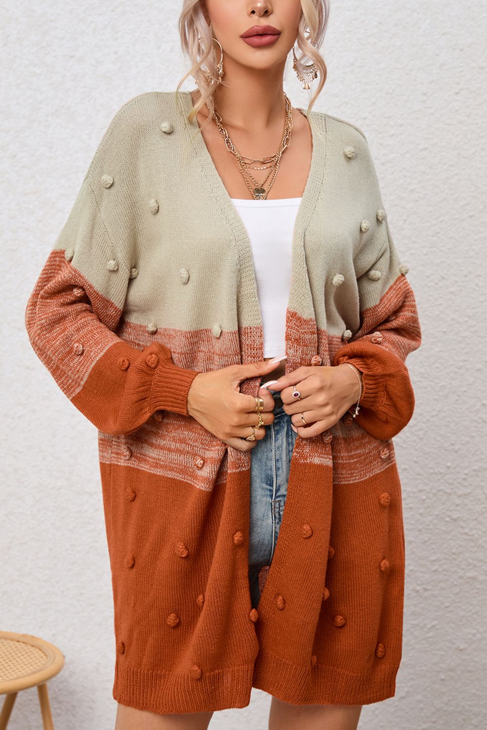 Pompom Color Block Open Front Cardigan-Angel Casuals