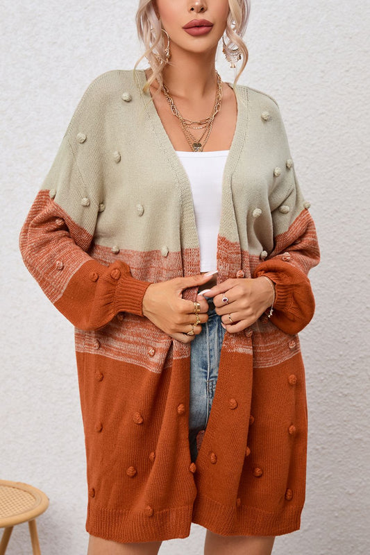 Pompom Color Block Open Front Cardigan-Angel Casuals