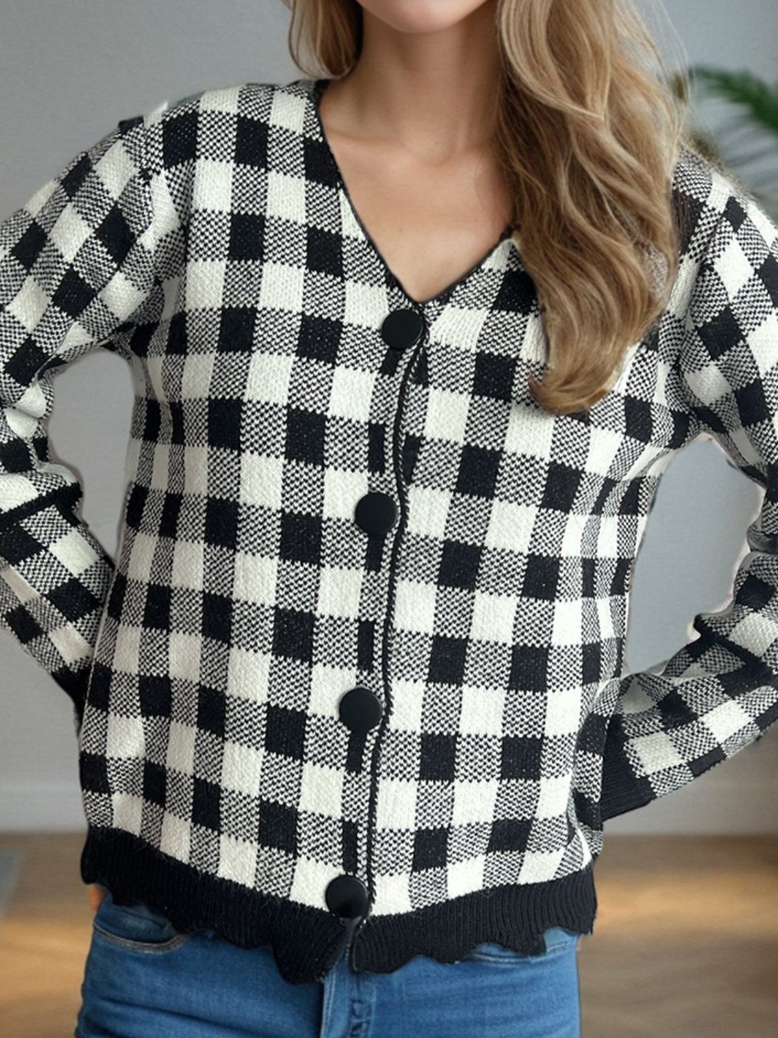 Plaid V-Neck Button Up Cardigan-Angel Casuals