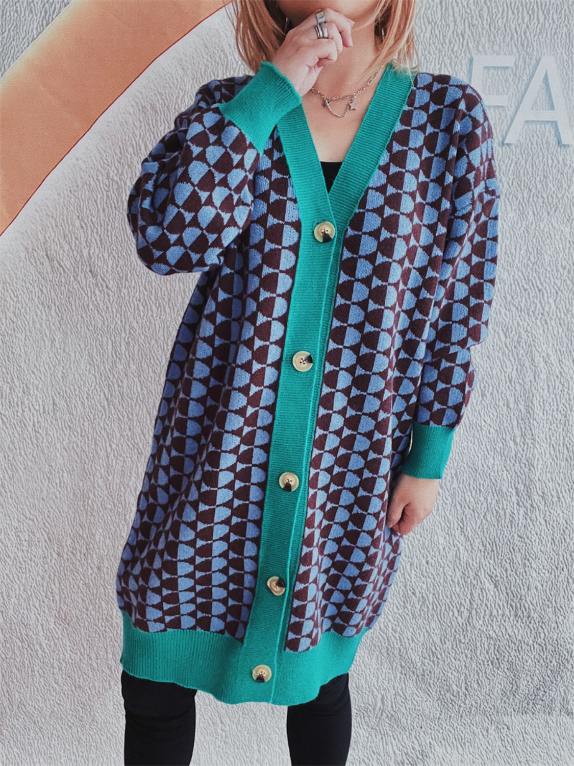 Contrast Trim Geometric Button Down Cardigan-Angel Casuals