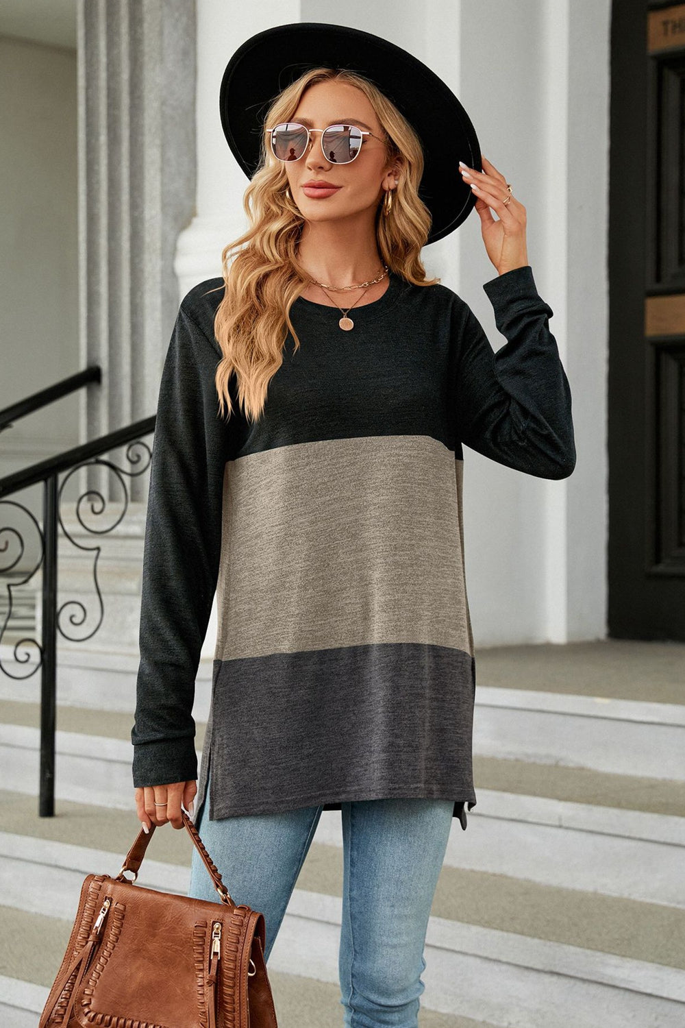Color Block Round Neck Long Sleeve Slit T-Shirt-Angel Casuals