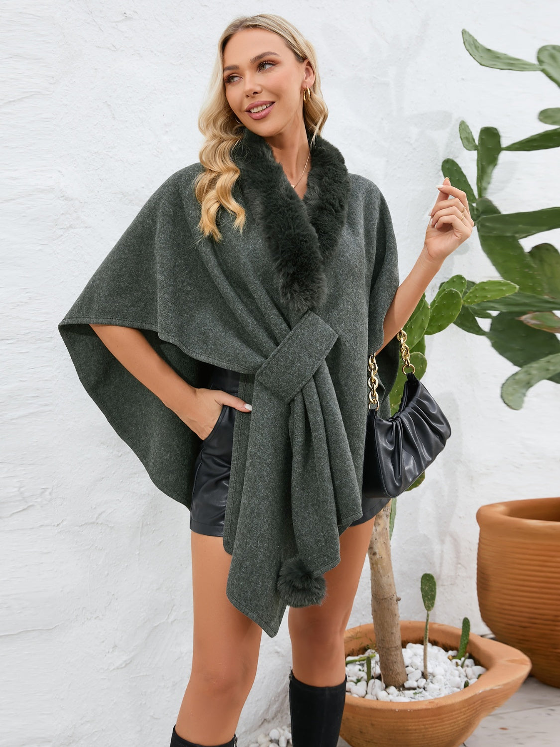 Fuzzy Trim Open Front Poncho-Angel Casuals