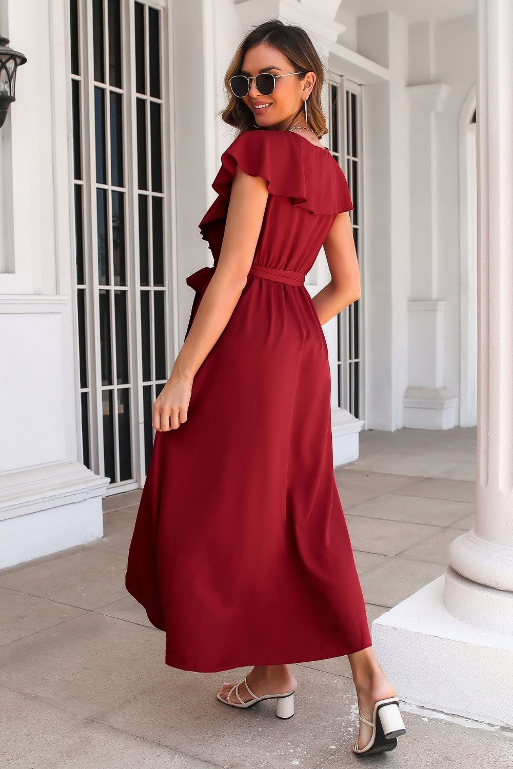 Ruffled Surplice Tie Waist Slit Midi Dress-Angel Casuals