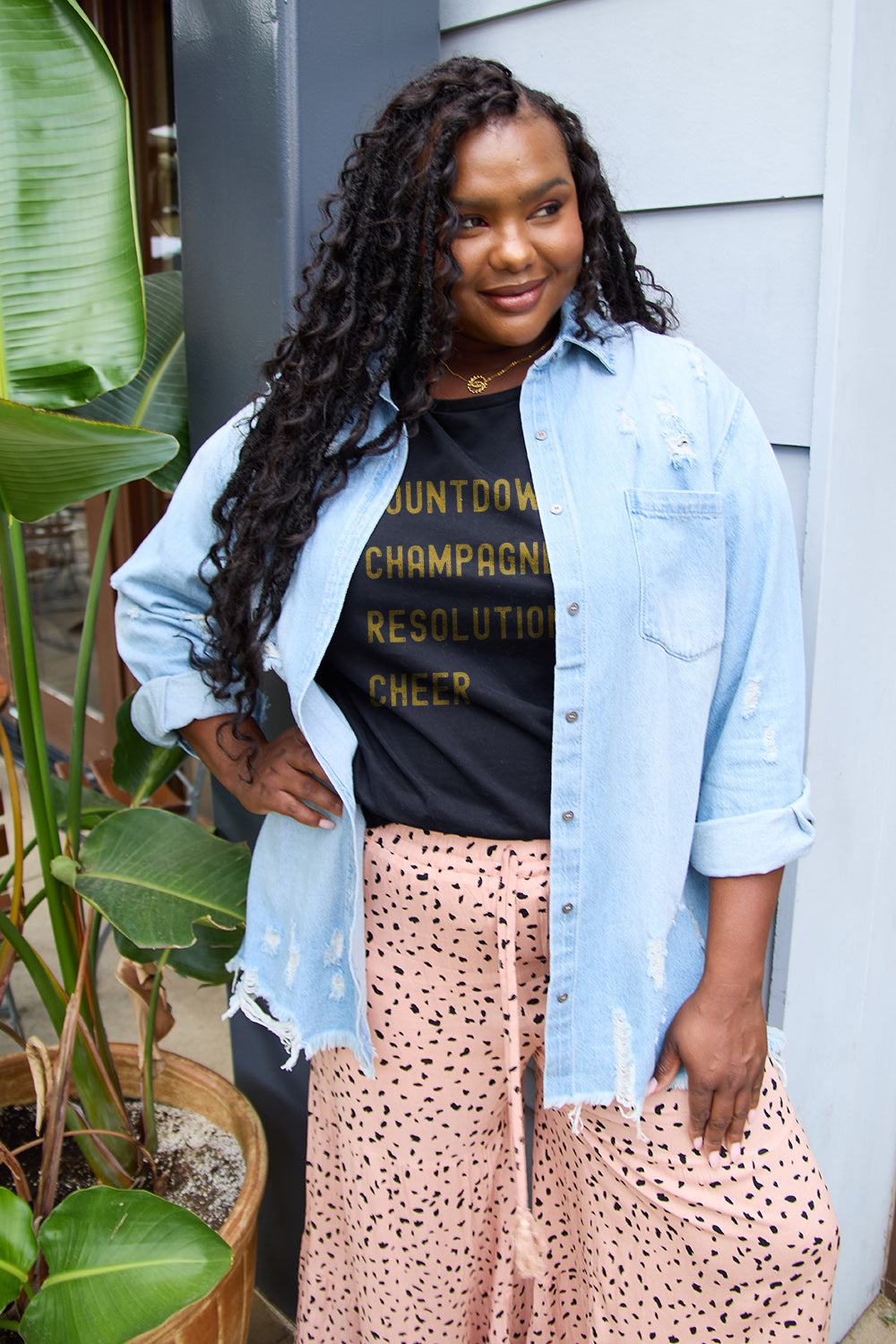 Simply Love Full Size COUNTDOWNS CHAMPAGNE RESOLUTIONS & CHEER Round Neck T-Shirt-Angel Casuals
