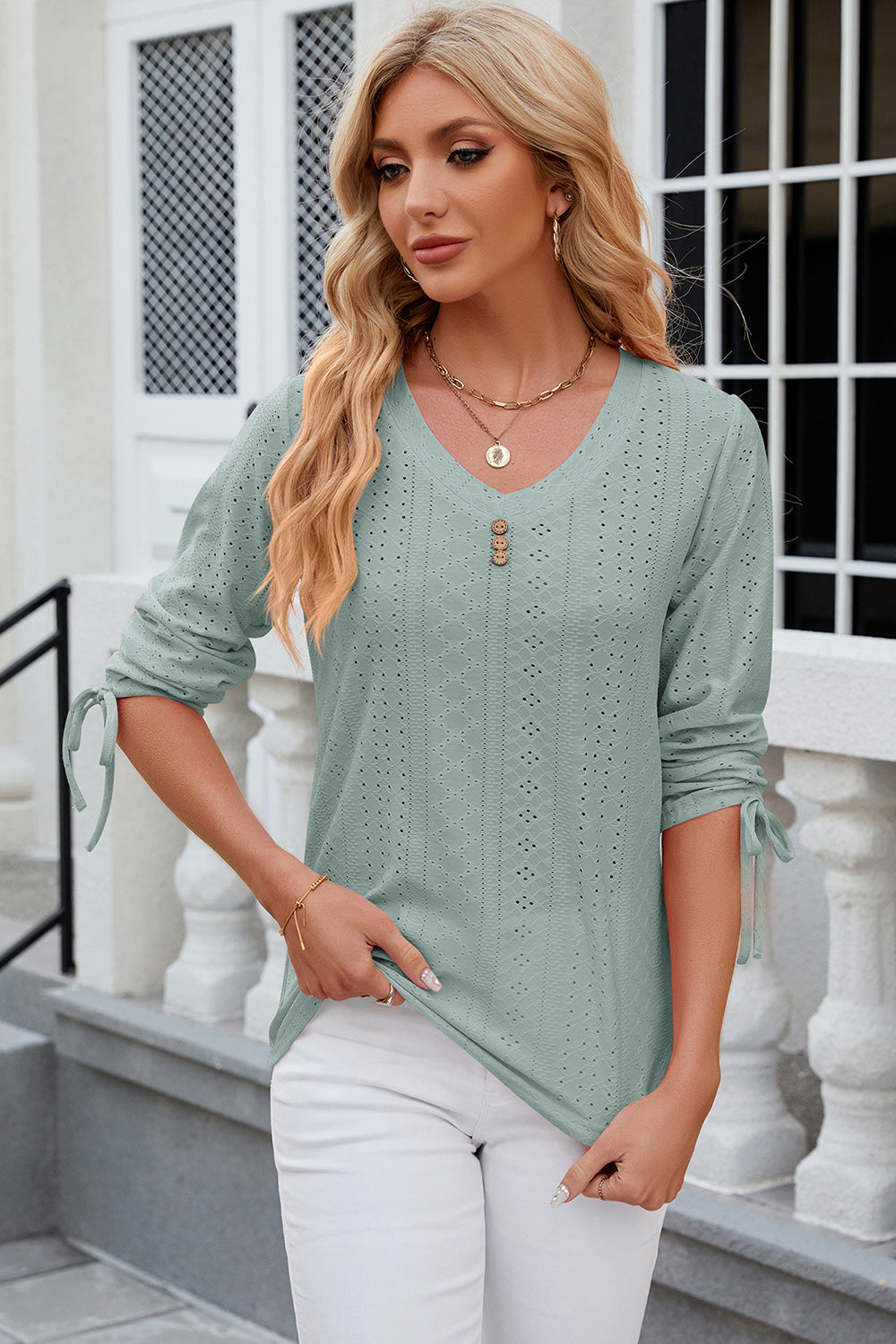 Eyelet Drawstring V-Neck Half Sleeve T-Shirt-Angel Casuals