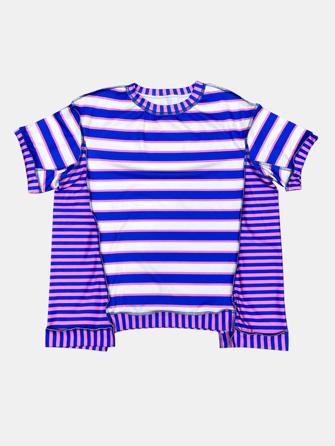 Full Size Contrast Stitching Striped Round Neck T-Shirt-Angel Casuals