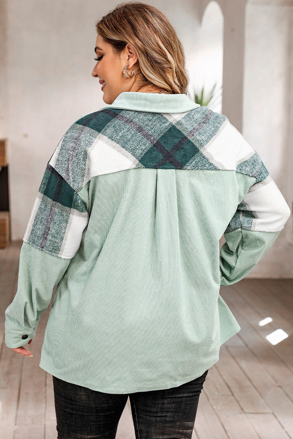 Plus Size Plaid Snap Down Jacket with Pockets-Angel Casuals