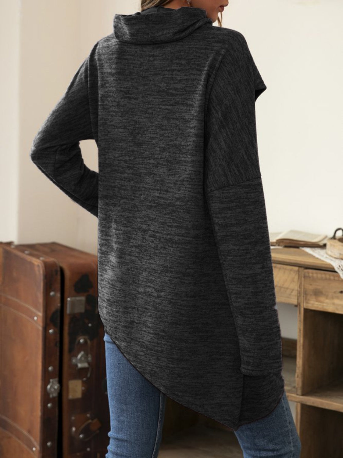 Asymmetrical Hem Cowl Neck Long Sleeve T-Shirt-Angel Casuals