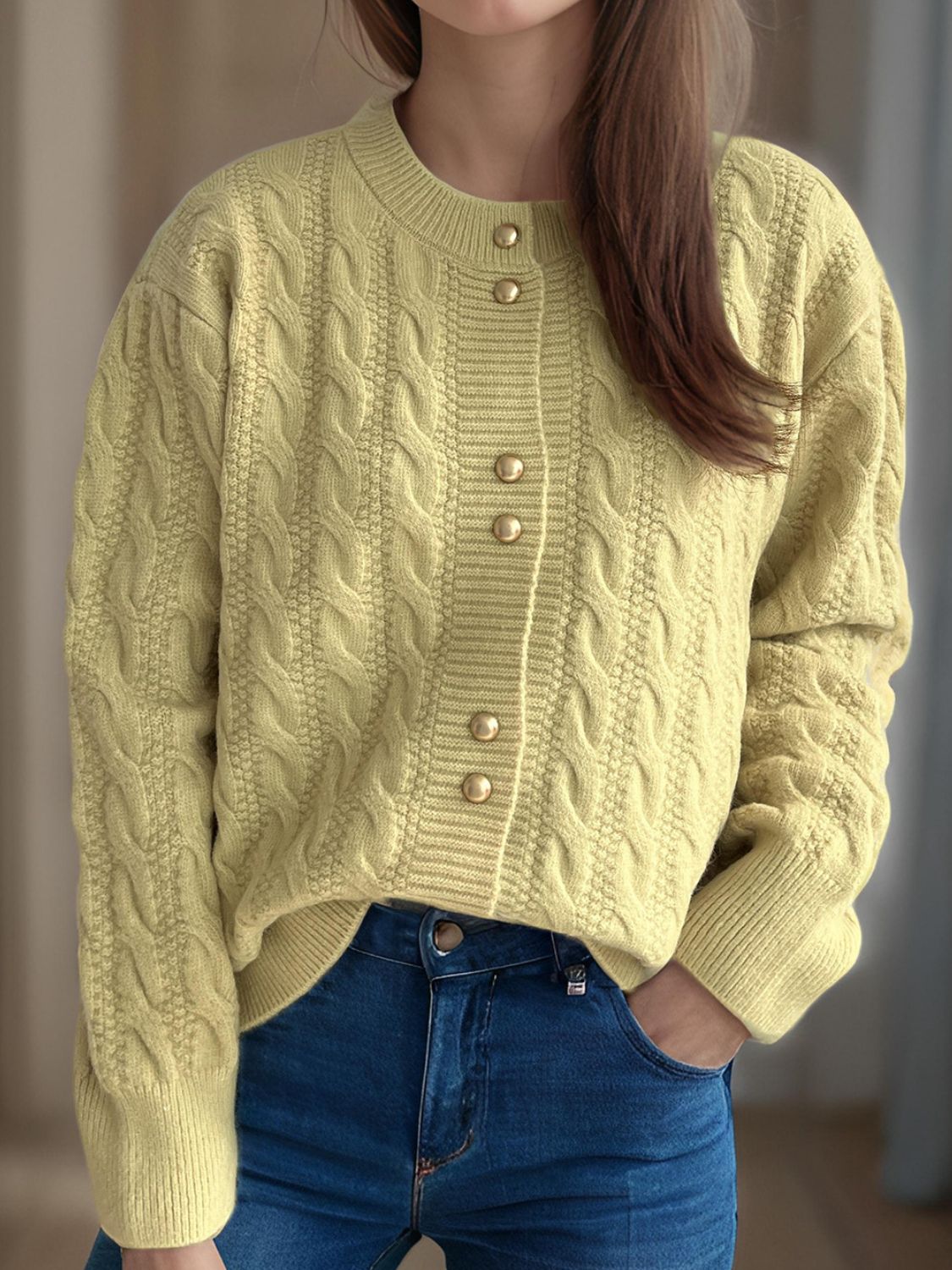 Cable-Knit Round Neck Long Sleeve Cardigan-Angel Casuals