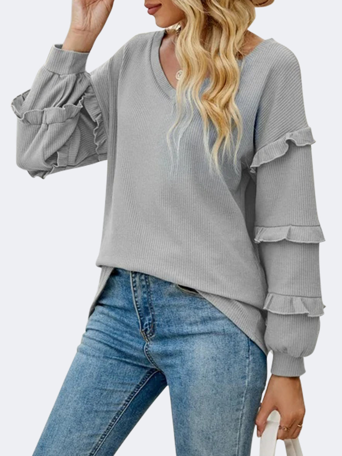 Ruffled V-Neck Long Sleeve T-Shirt-Angel Casuals