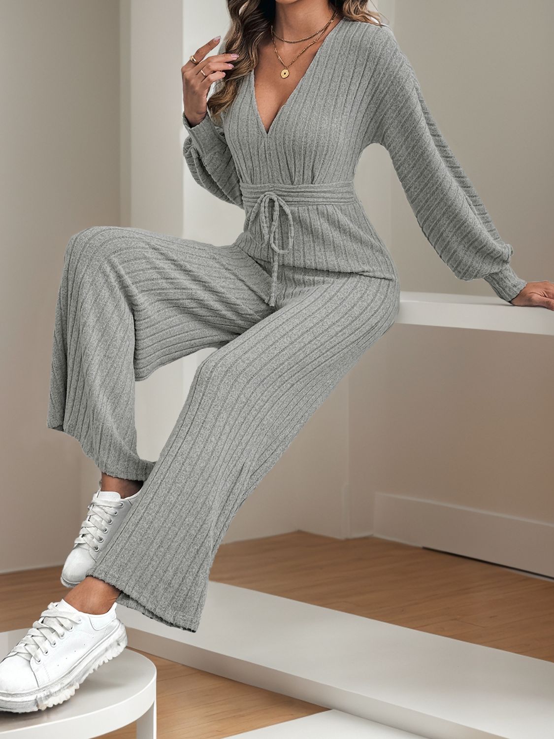 V-Neck Long Sleeve Wide Leg Jumpsuit-Angel Casuals