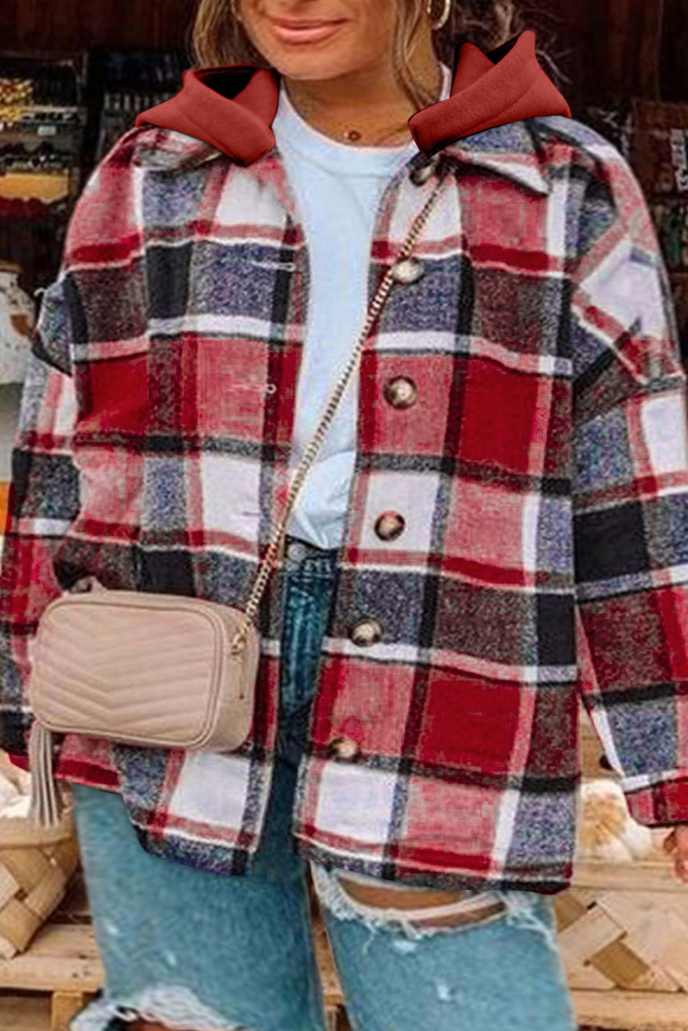 Plus Size Plaid Button Up Hooded Jacket-Angel Casuals