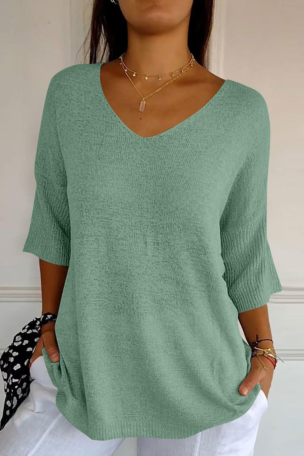 V-Neck Three-Quarter Sleeve Knit Top-Angel Casuals