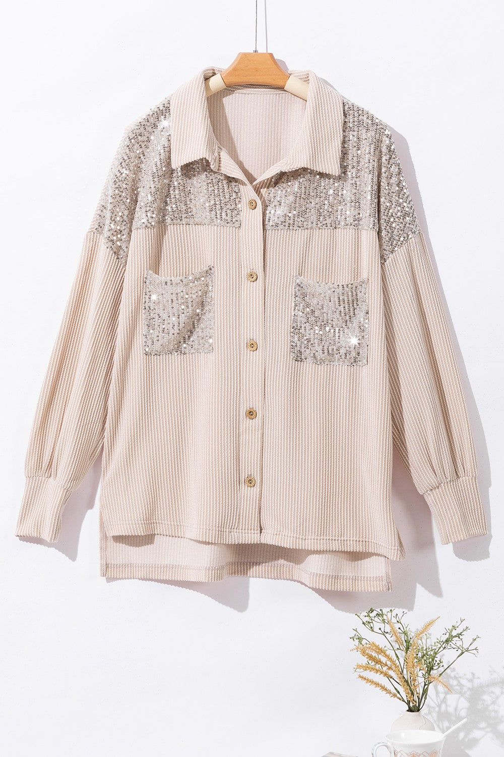 Sequin Button Up Dropped Shoulder Jacket-Angel Casuals