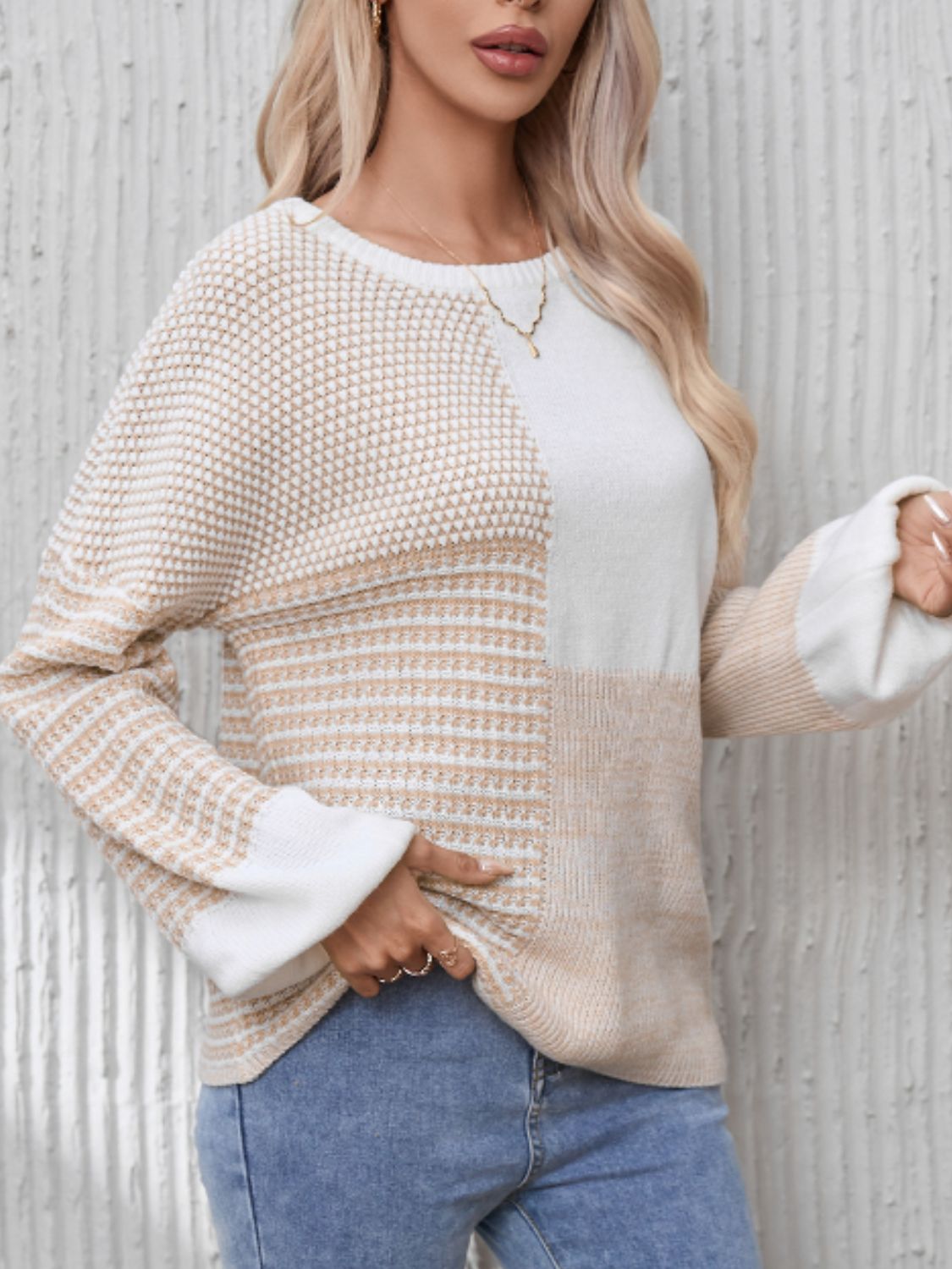 Contrast Round Neck Long Sleeve Sweater-Angel Casuals