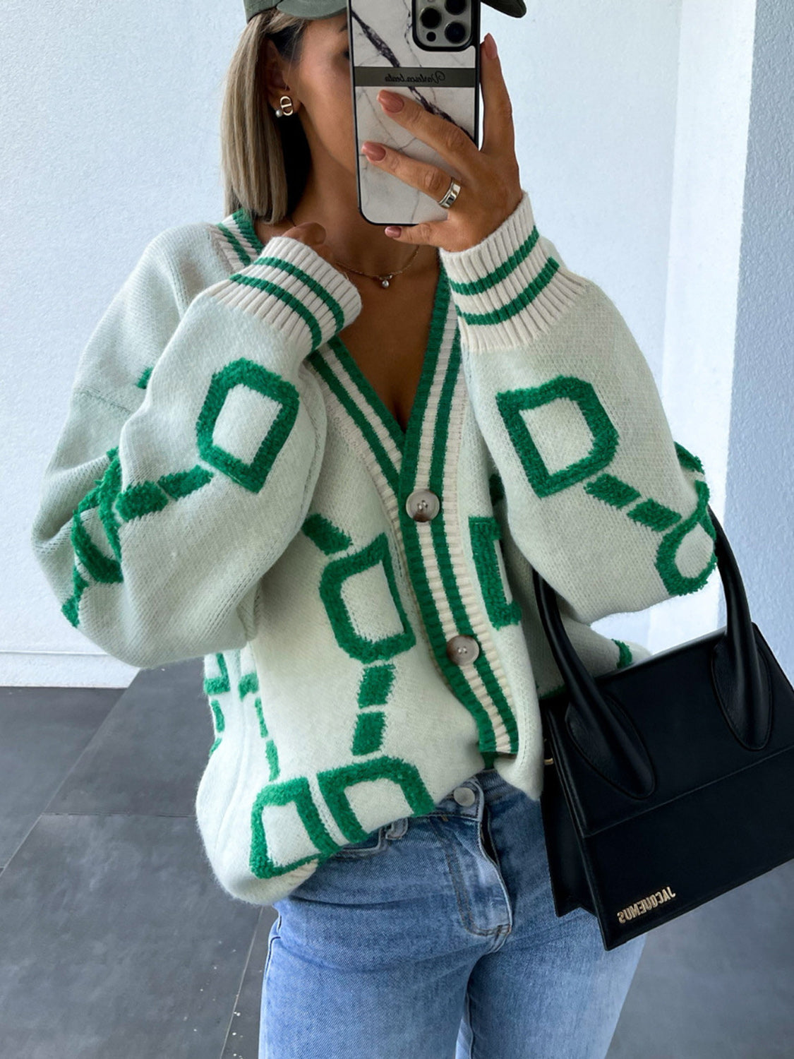 Geometric Dropped Shoulder Button Down Cardigan-Angel Casuals